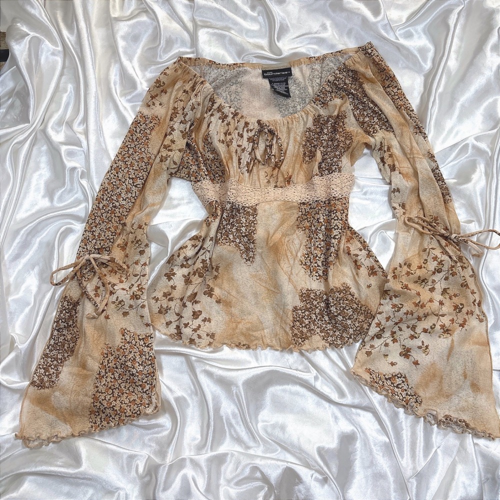 y2k Peasant Top Brown Excellent Floral Bell Sleeve Lace Empire Waist Blouse